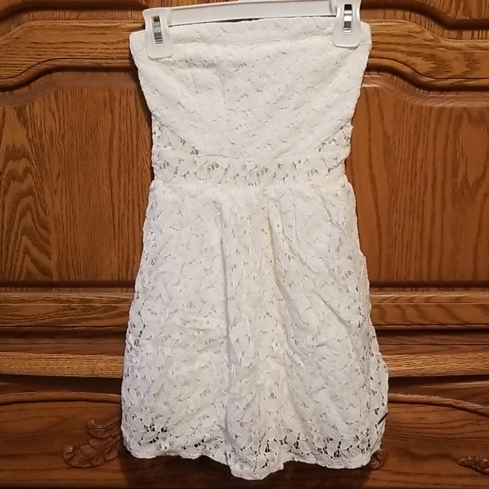Strapless white lace dress